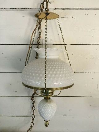 Vintage White Milk Glass Hobnail Globe Hanging Hurricane Electric Lamp Light