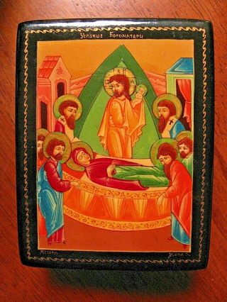 Vintage Hand - Painted Russian Lacquer Box Artist Signed Icon Religious Mstera