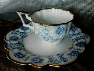 Royal Ardalt Cup & Saucer England Floral Morning Glory Blue & White W/ Gold