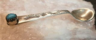 VINTAGE NAVAJO STERLING TURQUOISE SMALL SILVER SPOON SALT 2 1/4 