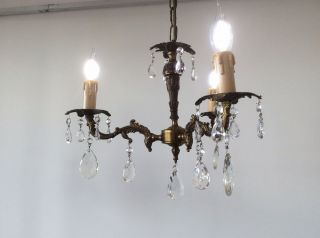 Vintage Cast Bronze And Crystals 3 - Arm French Chandelier,  C1960s.