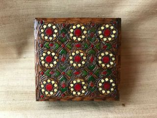 Vintage Polish Handcrafted Folk Art Jewelry And Trinket Box With Green Hearts