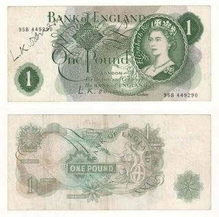 Autographed Bank Of England £1 - Chief Cashier L.  K.  O 