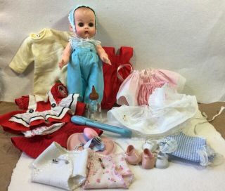 Vintage Vogue Doll Ginnette Baby Doll With Clothes,  Glass Bottle,  Baby Bracelet