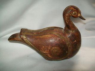 Hand Carved Primitive Folk Art Wood Duck Swan Copper Brass Trim