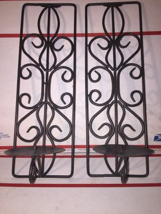 Vintage Pair Black Metal Candle Stick Holders 15” Tall Wall Decorations Hangers