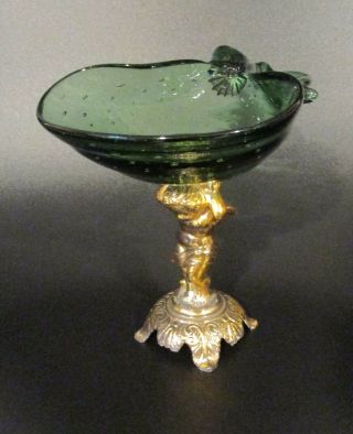 Vintage Green Pear Shaped Glass Compote Dish Held By Brass Cherub Pedestal