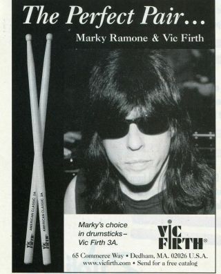 1998 Small Print Ad Of Vic Firth Drumsticks W Marky Ramone Of The Ramones