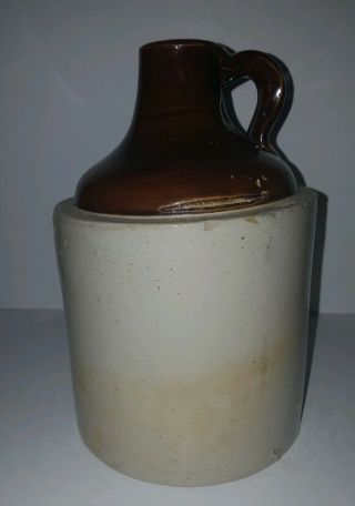 Primitive Vintage Stoneware Whiskey Moonshine Jug Crock 9 " Antique Brown & Tan