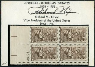Autograph Of Richard M.  Nixon As Vice President On Card With Block Of Stamps