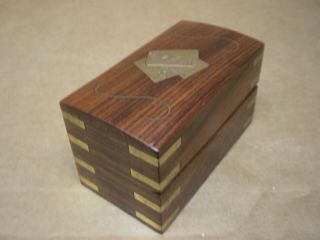 Vintage Double Deck Playing Card Carrier Wood Box Inlaid Brass Case