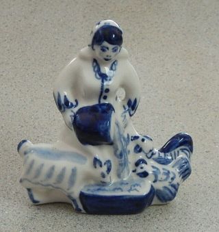 Gzhel Vintage Ussr Porcelain Figurine Country Woman Hand Painted