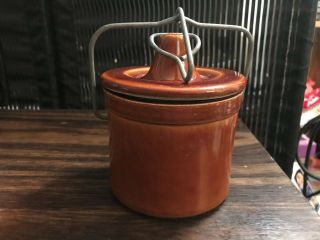 Vintage Brown Stoneware Cheese Crock With Wire Bale Lid 5 Inc Tall