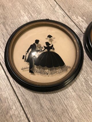 2 Vintage Round Reverse Painted Glass Framed Silhouette