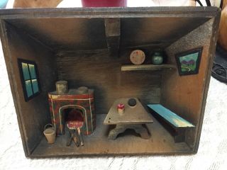 Vtg Wooden Hand Crafted 3d Diorama Shadow Box Folk Kitchen Scene