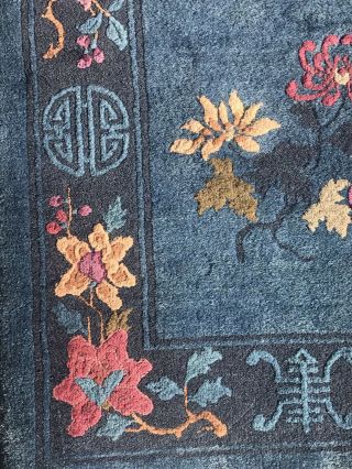 C1940 ' s Chinese Art Deck Scatter Rug.  Blue Ground With Floral And Blue Border 3