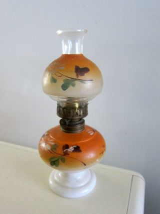 Vintage Hand Painted Milk Glass Miniature Oil Lamp