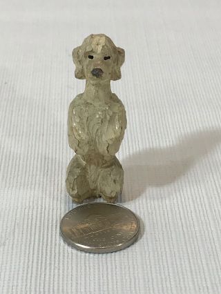 Miniature Antique Carved Wood Folk Art White Poodle Dog Begging 1 7/8 " H Figurine