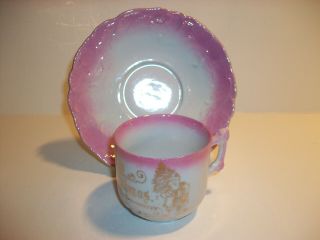 Antique Pink Luster & Gold Trim Merry Christmas Cup Saucer Santa Claus & Angel