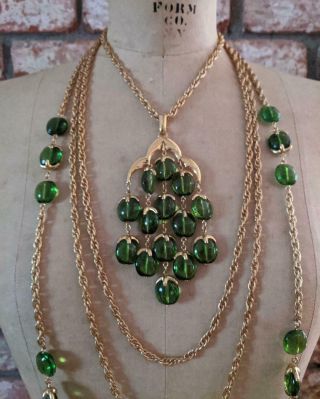 Vintage Crown Trifari Necklaces & Earring Set: Green Lucite Waterfall Chandelier