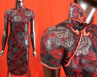 Antique 1940s Chinese Cheongsam Qipao Red Silver Lame Brocade Banner Dress Vtg