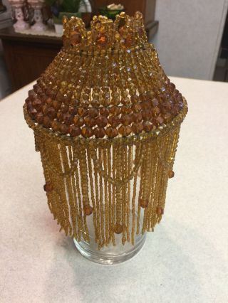 Antique Czech Amber Crystal Glass Beaded Fringe Lamp Bulb Cover Crown Top Shade