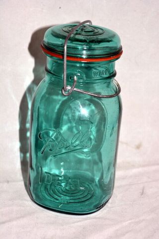 Vintage Ball Ideal Quart Blue Green Wire Bail Canning Jar With Glass Lid