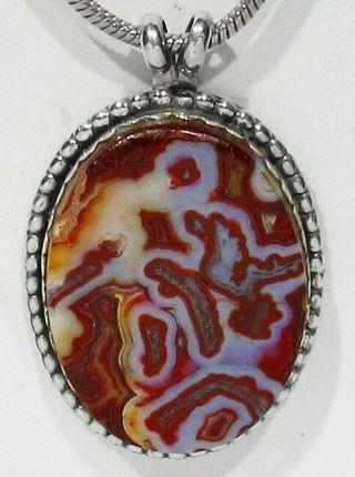 Large Old Signed Navajo Natural Red Crazy Lace Agate Gemstone 925 Silver Pendant
