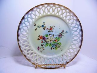 Vintage Hand Painted Lattice Lace Edge Plate Flowers Asian