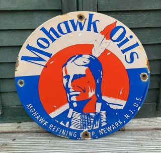 Vintage Mohawk Gasoline Porcelain Sign Gas Service Station Pump Plate Motor Oil