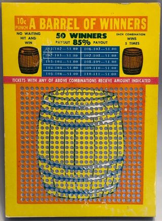 Vintage Barrel Of Winners 50 Winners Nos 10¢ Play Punch Board Game $1 Payout