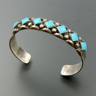 Vintage Navajo Sterling Silver Turquoise Beads Stamped Cuff Bracelet 6.  375 "