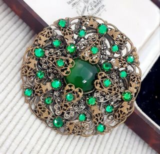 Vintage Art Deco Czech Filigree Round Green Brooch Clip