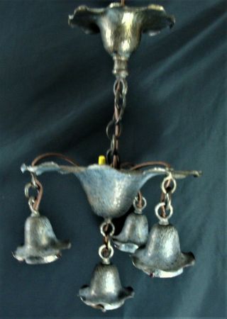 Vintage Arts & Crafts Hammered Brass Hanging Light Fixture Chandelier 3 Sockets