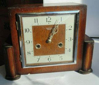 Vintage Art Deco Smiths Enfield Oak Cased Chiming Mantle Clock,  Key