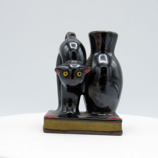 Vintage Porcelain Flower Vase With Black Cat Figurine On Book Made In Japan