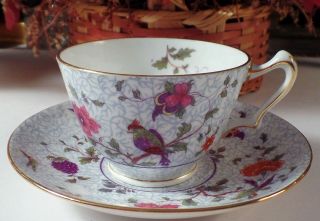Crown Staffordshire Tea Cup & Saucer Chintz Painted Bird Floral Blue