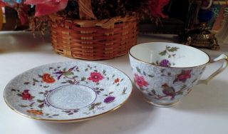 CROWN STAFFORDSHIRE Tea Cup & Saucer Chintz Painted Bird Floral Blue 2