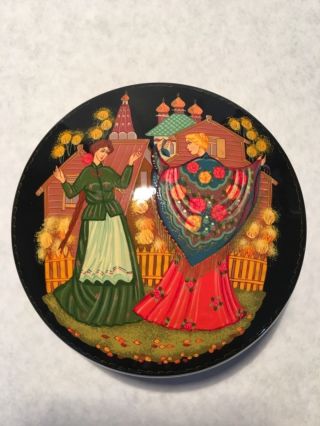 Vintage Hand Painted Russian Metal Black Lacquer Box 5” In Diameter 100 Charity
