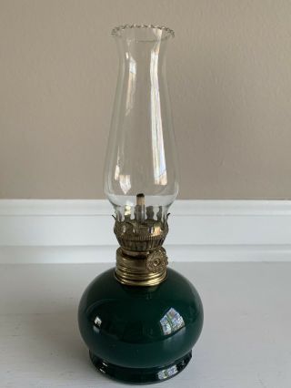 Vintage Lamplight Farms Green Glass Small Oil Lamp 8”