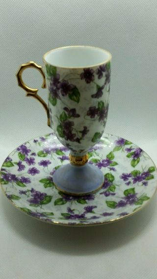 Vintage Inarco Japan Tea Cup And Saucer With Purple Flowered Pattern