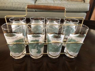 Vintage Glass Golf Courses Clubs High Ball Tumbler Glasses Set Of 8 With Caddy