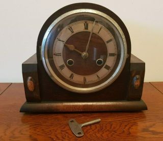 Vintage Chiming Wooden Cased Mantle Clock - In Order With Key -