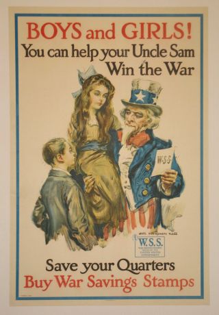 Uncle Sam War Stamps Poster Linen First World War I Ww1 Wwi 1918 Flagg