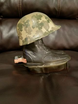 VINTAGE 1975 JIM BEAM ARMY CAMO HELMET AND COMBAT BOOTS WHISKEY BOTTLE DECANTER 2