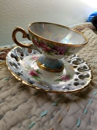 Vintage China Tea Cups And Saucers Peal Lusterware With Hand Painted Flowers.