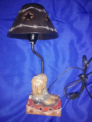 Cowboy Boots Table Lamp Country Western Decor Brown Resin Tin Cutout Shade