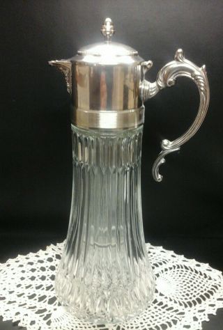 Vintage 14 " Pitcher / Decanter Crystal Glass & Silver Plated With Ice Insert
