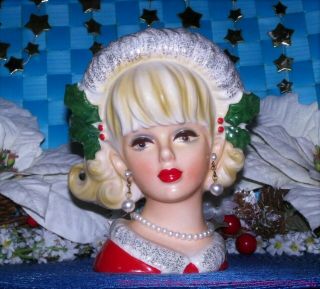 Xmas Napco Lg 6 Teen Headvase Lady Head Vase Vtg Santa Hat Fur Holly Blonde