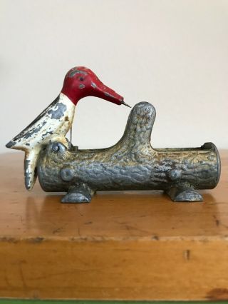 Vintage Chippy Metal Red And White Woodpecker Toothpick Holder 2